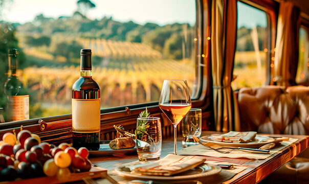 Cozy dining room inside a first class train carriage with large windows looking out onto lush vineyards and with a bottle and glass of port on the table, fresh grapes plates to be served.