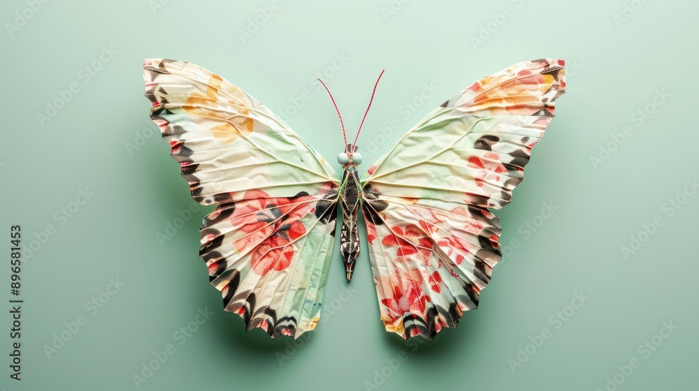 Poster vibrant pop art origami butterfly with intricate patterns on green background under studio lights, g