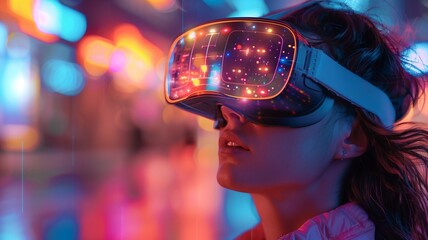 Woman Exploring a Neon Virtual World