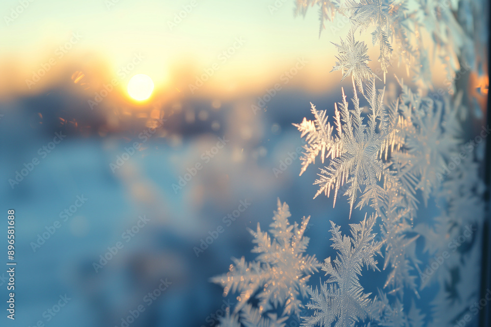 Poster snow frost in the form of natural patterns on the window pane against the background of the morning sky