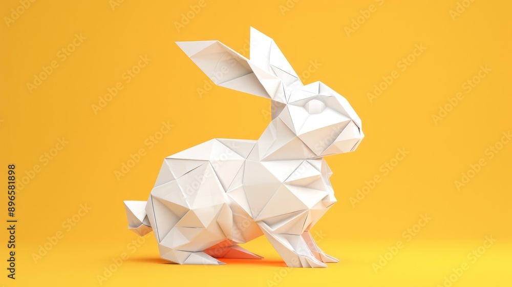 Poster elegant origami rabbit in minimalist style with precise studio lighting on solid orange background, 