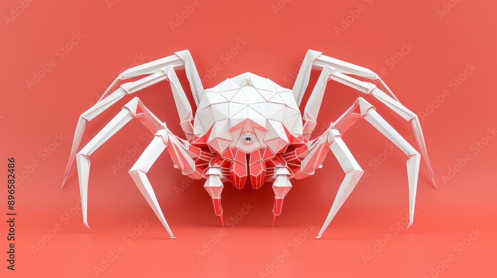 Poster neon geometric origami spider in cyberpunk style on red background with sharp details, generative ai