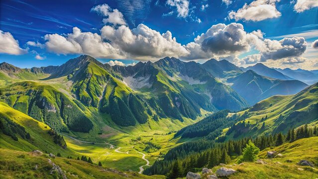 Panoramic view of the Fagarasi mountains under clear blue skies on a sunny summer day, Romania, landscape, mountains