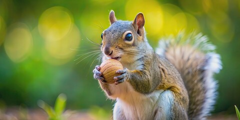 Obraz premium A cute squirrel holding a ball in its mouth with the word e. e. on it, squirrel, cute, animal, wild, ball, holding, mouth, teeth