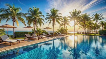 Fototapeta premium Luxury resort pool area with palm trees and sun loungers on a clear day, Luxury, resort, pool, palm trees, sun loungers