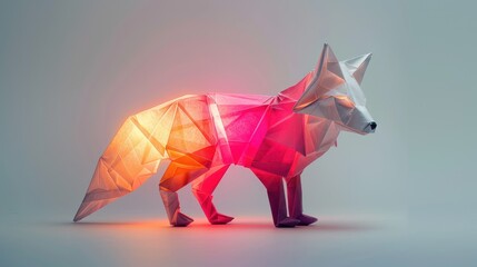 Obraz premium Elegant Origami Fox in Studio Light on Violet Background, Minimalistic Design with Bold Details, Generative Ai