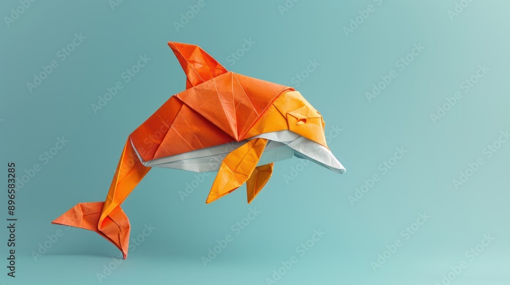 Poster elegant origami dolphin in vivid cyan studio setting minimalistic paper art with fluid lines, genera