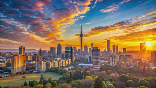 Johannesburg skyline at sunrise, with the city's iconic buildings silhouetted against a colorful sky , Johannesburg