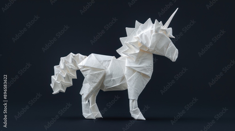 Poster Graceful Origami Unicorn in Minimalistic Style on Solid Black Background with High Contrast Studio Lighting, Generative Ai