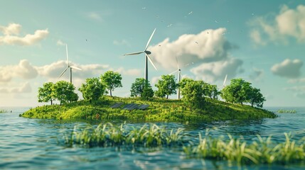 3D illustration of grass road trip. The trees on the island. eco design concept. green landscape. copy space. wind turbine and solar energy
