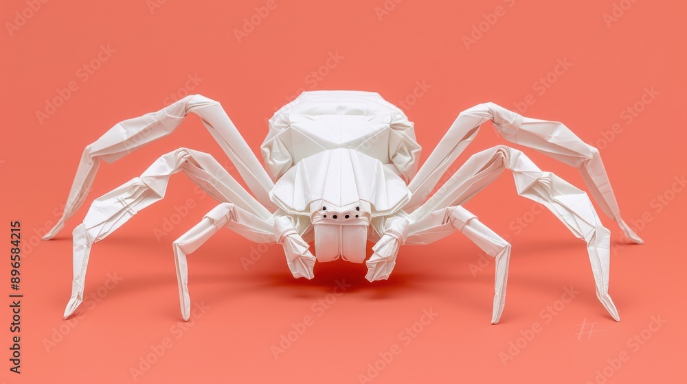 Poster intriguing origami spider in bright studio light on red background with minimalistic, sharp details,