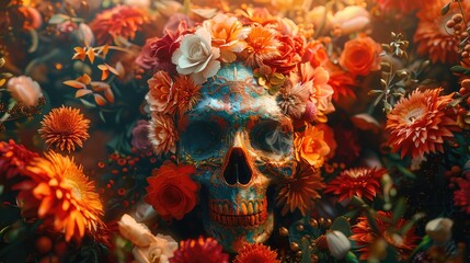 Mexican skull with flowers: an iconic representation of dia de muertos, showcasing the rich cultural heritage and deep significance of this festival dedicated to remembering the departed