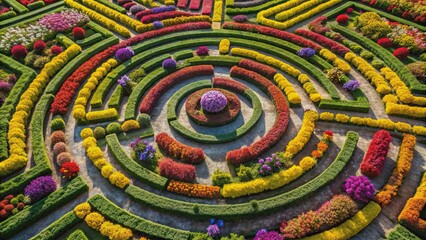 Colorful floral labyrinth made of flowers and shrubs, intricate pattern from aerial view, floral, labyrinth, flowers, shrubs