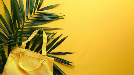 Minimal nature inspired eco friendly bag on yellow background with palm leaf space for text Recycling and conservation concept