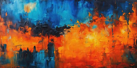 Fototapeta premium Abstract painting featuring vibrant orange, deep blue, and bold black colors, abstract, painting, orange, blue, black, vibrant