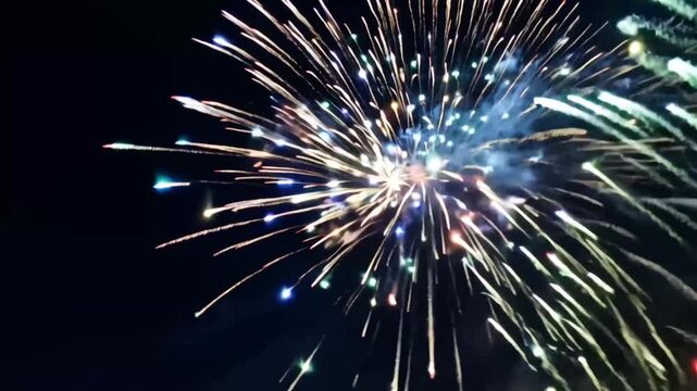Hyperspeed FPV shot- Fireworks exploding in rapid succession, creating a strobe-like effect against a dark sky. The camera follows the dynamic and intense display, highlighting the fast-paced and exhi