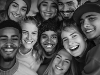 A group of people gathered together in a black and white photo