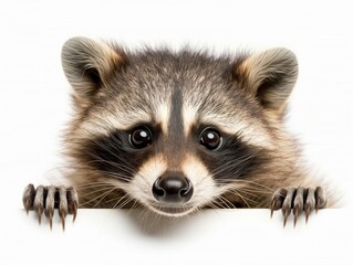 Fototapeta premium Cute funny raccoon looking at camera paper in paws. AI generated