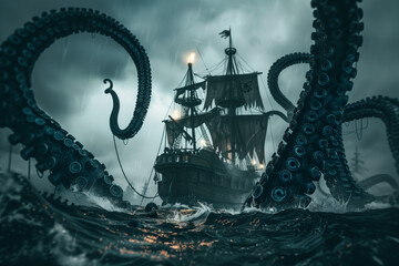 Kraken Attacking a Pirate Ship with Tentacles in a Halloween Fright © Duckai