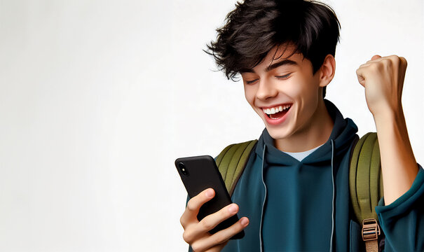 Estudiante adolescente alegre viendo a su celular con posici&oacute;n de victoria