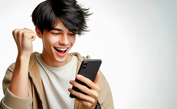 Joven estudiante adolescente observando su celular con pose victoriosa. Adolescente alegre festejando