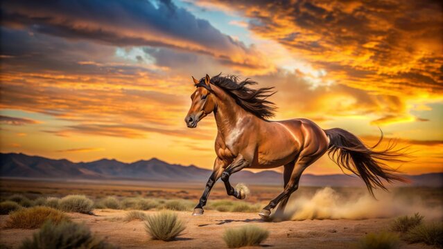 Majestic wild horse gallops freely in the desert landscape, its flowing mane and tail streaming in the wind, under a vibrant golden sunset sky.