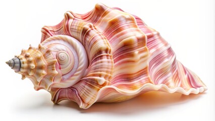 Vibrant conch shell isolated on white background, swirls of pearly pink and creamy white shells, delicate ridges and spiraling shape, tropical beach treasure.