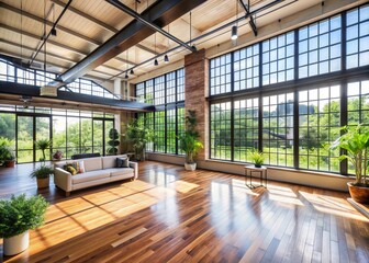A vacant modern contemporary loft with large windows overlooking a garden, wooden floor, and sleek lines, offering ample copy space for creative projects.
