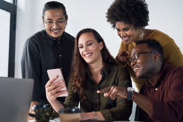 Cellphone, meeting and business team in office for networking, connection and news. Diversity, men and women or people in agency with mobile app for social media, internet and review for feedback