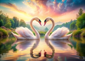 Fototapeta premium Tender pink swans form a romantic heart shape with their curved necks and heads, set against a serene and idyllic natural landscape, perfect for Valentine's Day.