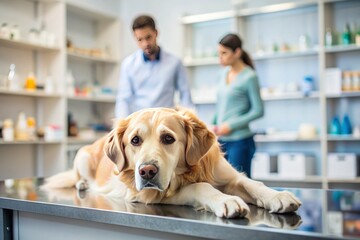 A worried owner's abandoned personal items lie on a pet shop counter while a playful dog wags its tail in the background, awaiting medical attention.