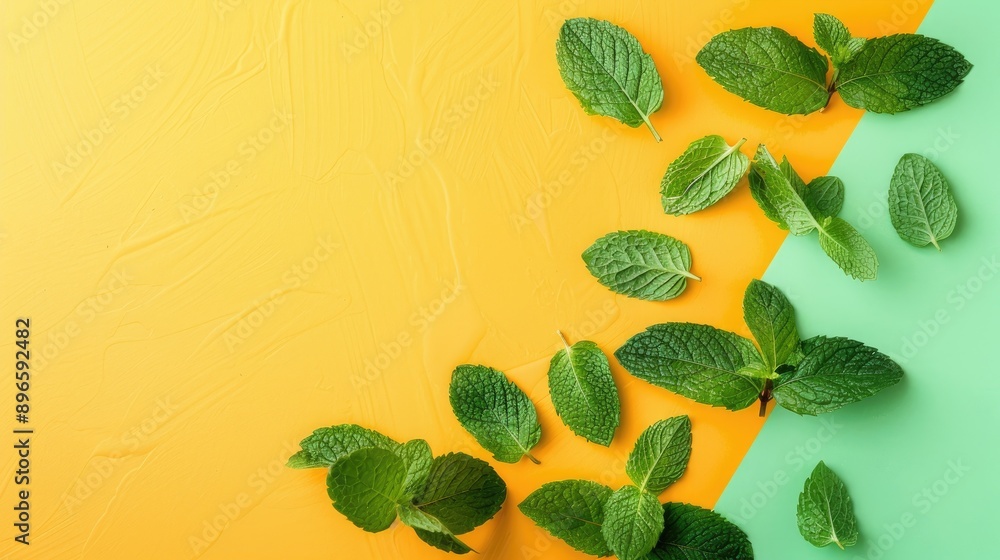 Sticker top view of fresh mint on colorful table with empty space