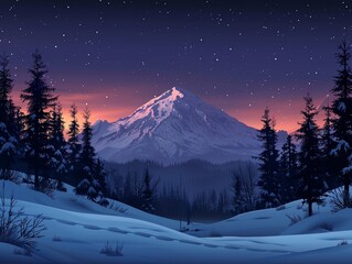 Fototapeta premium A tall mountain at night with evergreen trees and snow on it. 