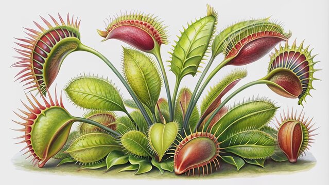 of a detailed botanical drawing of a carnivorous plant, botanical, drawing, carnivorous, plant, fictional, nature, green, leaves