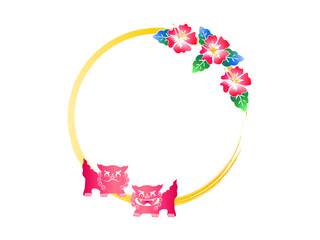 沖縄の伝統、紅型のハイビスカスとシーサーのフレーム