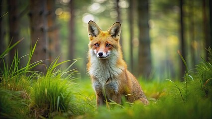 A beautiful red fox sitting among tall grass and trees in the forest, fox, wildlife, nature, outdoor, animal, forest