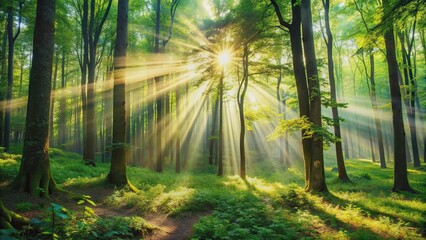 Naklejka premium Sunlight filtering through dense forest creating magical atmosphere, forest, sunlight, trees, nature, magical, atmosphere