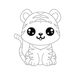 Adorable Cute Tiger Line Art For Kids Coloring Page And T-Shirt.