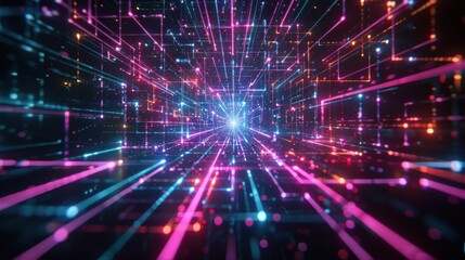 Abstract digital matrix with glowing neon lines forming complex patterns. Dark background with bright highlights