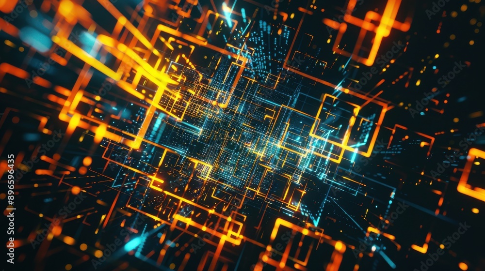 Poster abstract digital matrix with glowing neon lines forming complex patterns. dark background with brigh