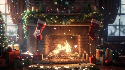 A high-resolution portrayal of a cozy fireplace adorned with Christmas stockings, garlands, and a crackling fire