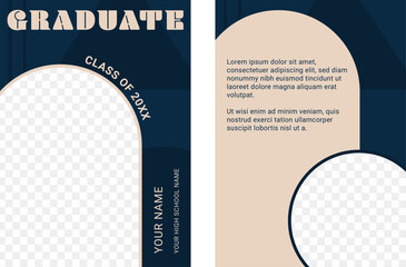 Retro Arch Navy Blue Graduate Announcement Template with Photo Card, Printable Front and Back Design