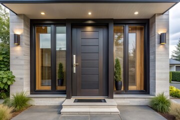 Modern black front exterior door with two sidelites, sleek iron handle, and rectangular windows, set amidst a sleek white facade with subtle wood accents.