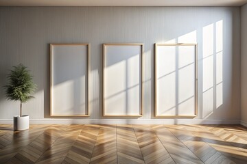 Fototapeta premium Minimalist modern room with parquet floor features three blank white wooden framed wall art mockups leaning against the wall, awaiting creative expression, with realistic shadows.