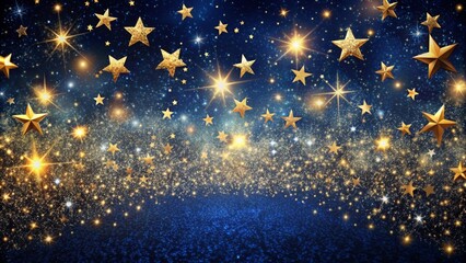 Luxurious dark blue night sky with twinkling stars is adorned with a splash of gold glitter dust, scattered golden dust adds to the magical ambiance.