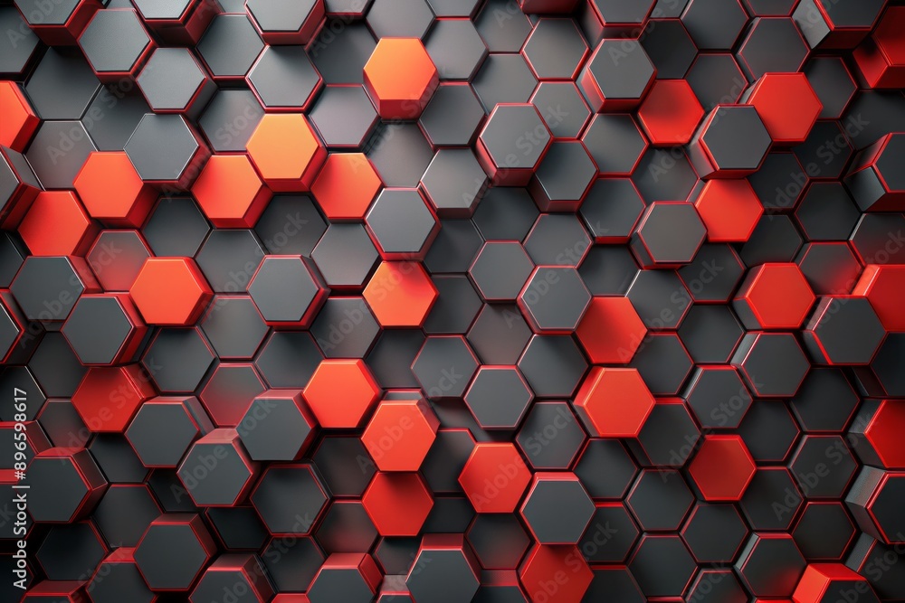 Poster vibrant red hexagons scattered across a dark grey background, forming a mesmerizing geometric patter