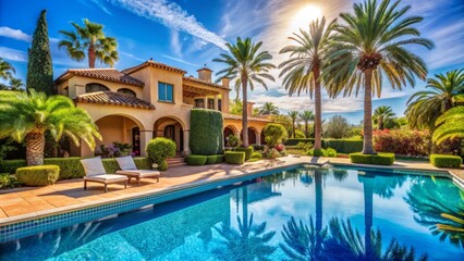 Stunning Spanish villa with turquoise pool and swaying palm trees basks in warm sunlight against a brilliant blue sky, exuding opulent serenity and relaxation.