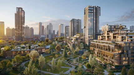 Naklejka premium Cityscape featuring tall, contemporary buildings integrated with lush green spaces and parks