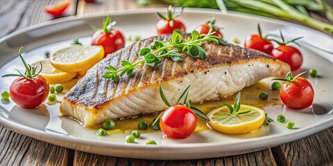 Grilled fish fillet garnished with herbs and served with cherry tomatoes in a fine dining restaurant, grilled