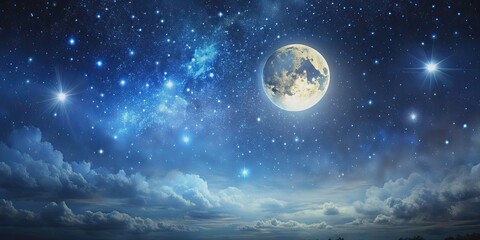 Naklejka premium Artist rendering of a night sky with a full moon, stars, and bright light , moon, night, sky, stars, bright, light